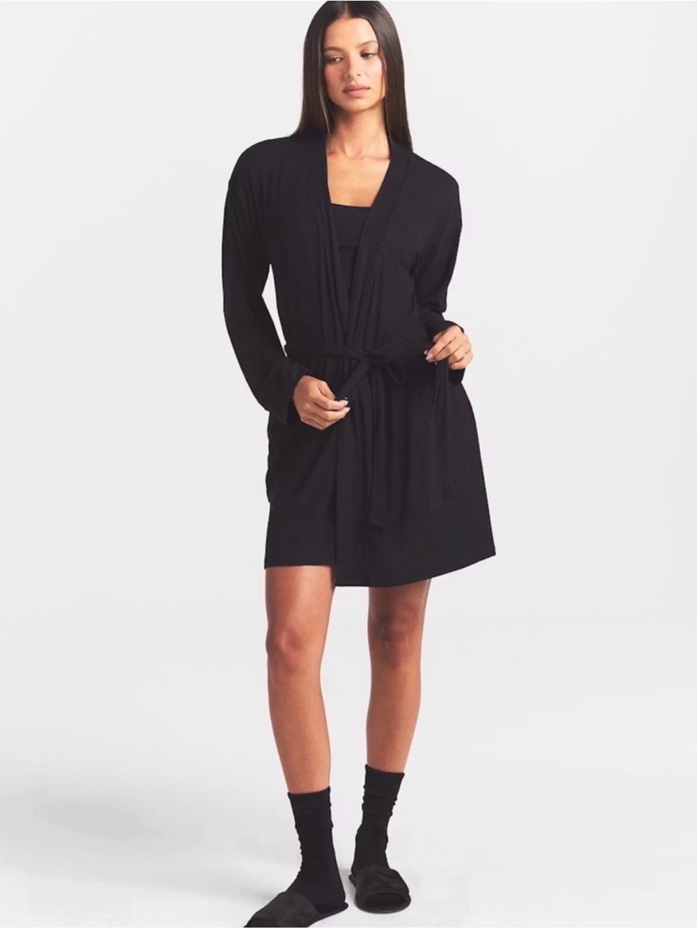 SKIMS Black Short Wrap Robe with Self-Tie Belt